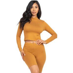 Women's 2-Piece Mock Neck Top & Biker Shorts Set Stretchy Spandex Size M Brown S